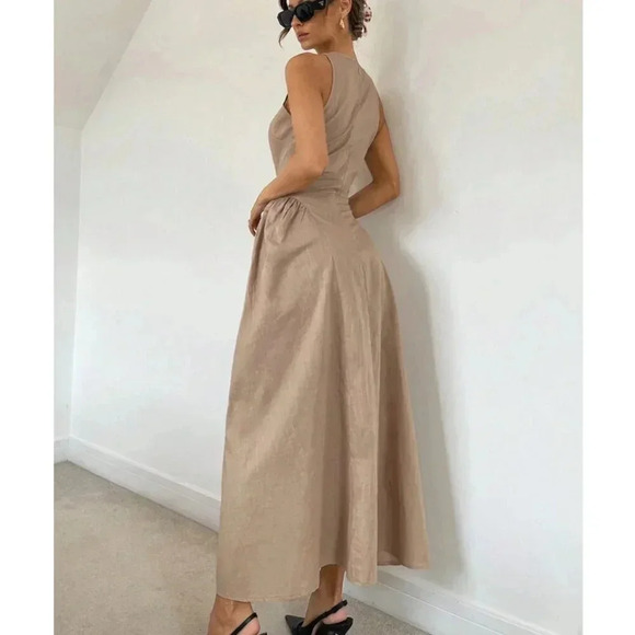 Hollow Front Cinched Waist A-Line Side Ruched Maxi Dress tan - Picture 6 of 7